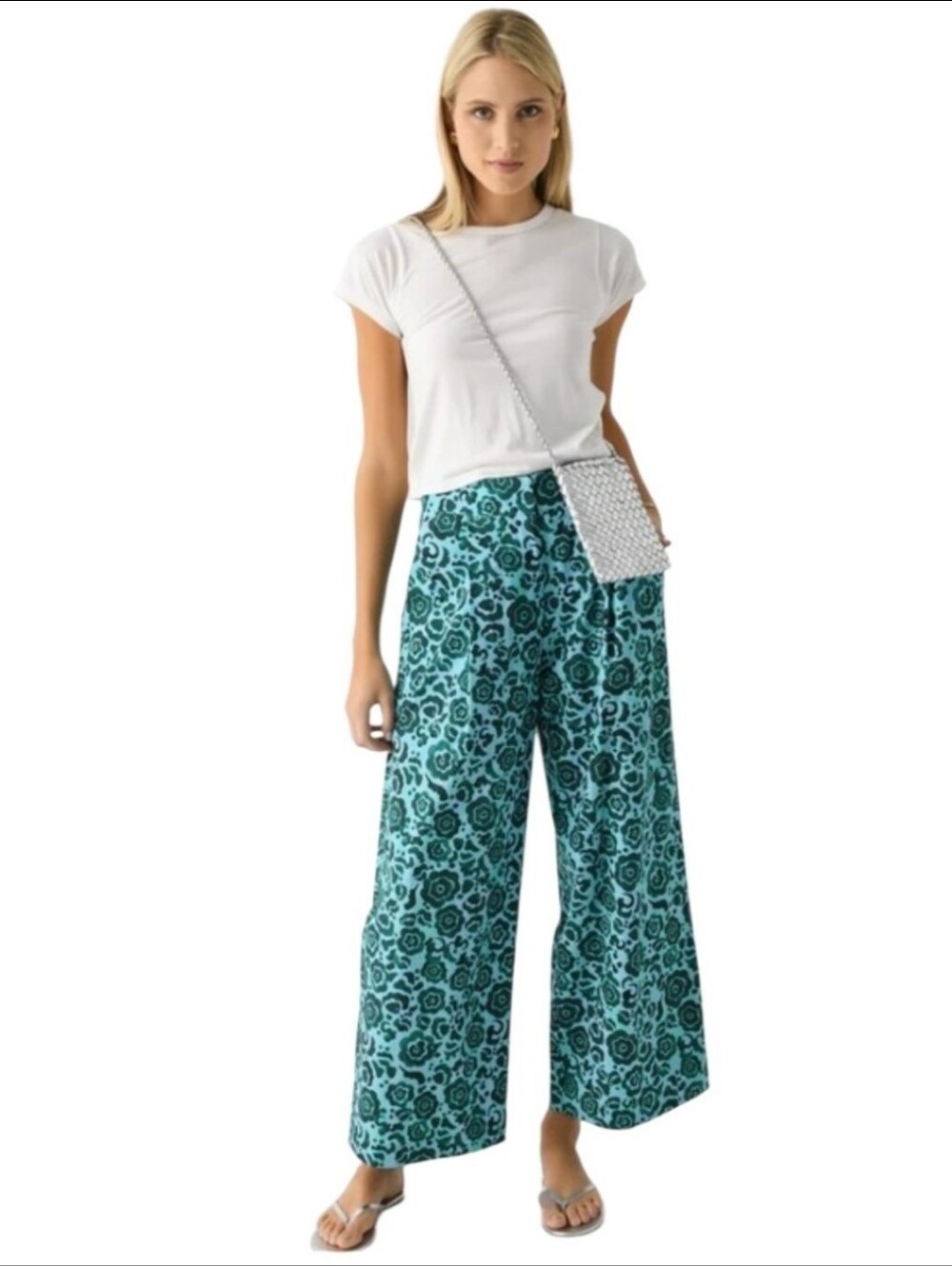 De Loreta Panca Wide Leg Floral Print Pants in Teal  NWOT Size S